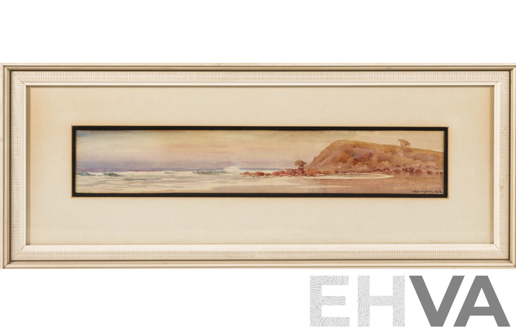 Herbert Clarke Simpson (Late 19th/20th Century, Australian, 1879-1966), Seascape, with Lone Cliff, Beautiful Antique Original Watercolour, 22 x 55 cm (frame)