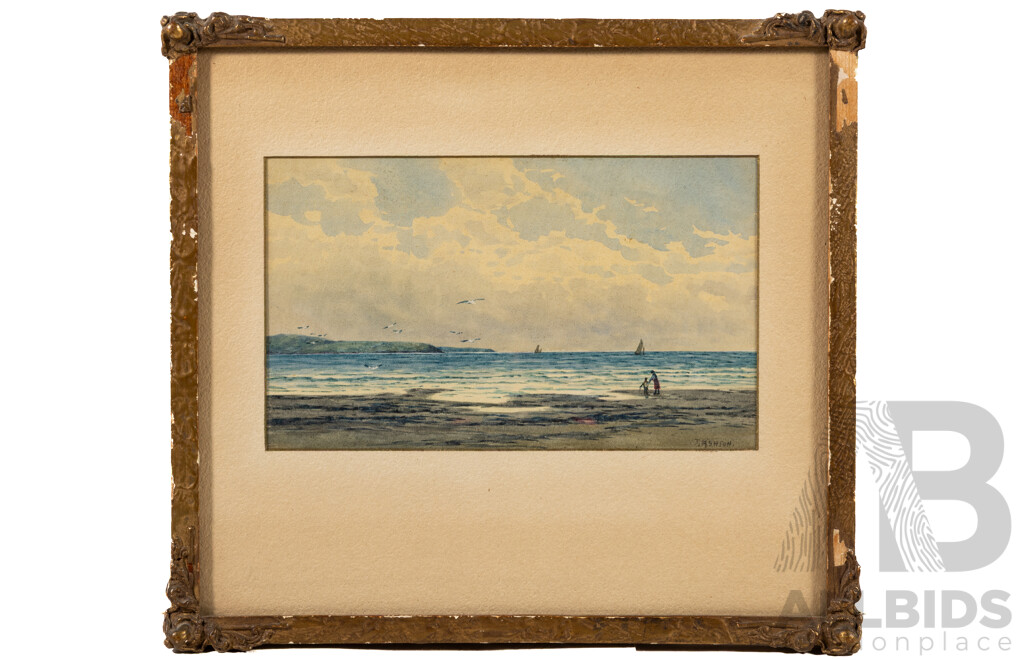 James Ashton, (Late 19th/Early 20th Centuries, British Born Australian, 1859-1935), Seascape - Children Playing on Shore, (circa Late 1800s), Antique Watercolour, 28 x 30 cm (frame)