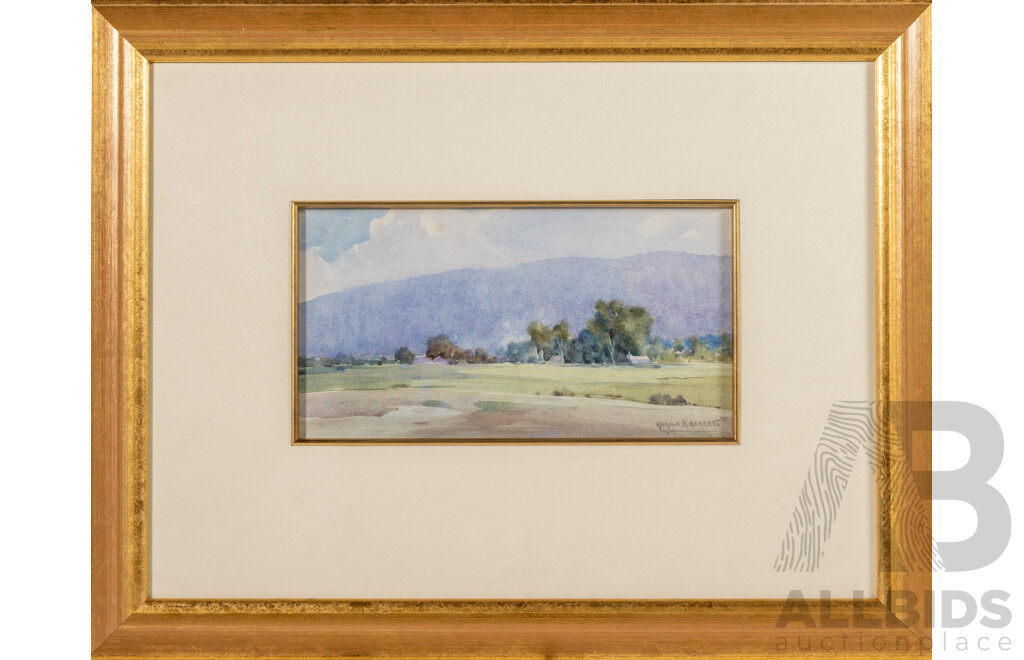Harold Brocklebank Herbert (Early/Mid 20th Century, Australian, 1892-1945), Cottages Flanked by Blue Mountain (1924), Antique Watercolour, 46 x 59 cm (frame)