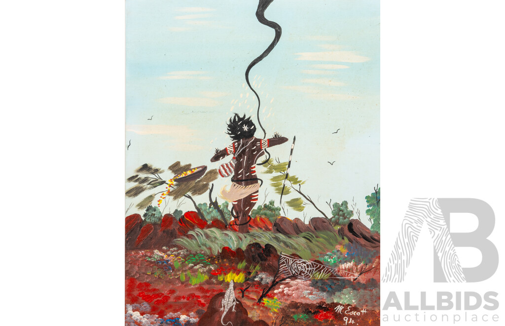 Melville Escott, (20th Century, Indigenous-Australian, 1947-), the Brolga Lady (1994), Original Acrylic on Canvas Panel, 45.5 X 35.5 Cm