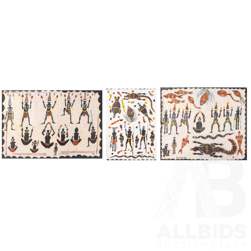 Duncan Roughsey, (20th Century, Indigenous-Australian, Working c1990s), Hunters with Catch, Corroboree & Corroboree with Creatures, Trio of Original Acrylic on Canvases, 58 x 67 cm (largest) (3)