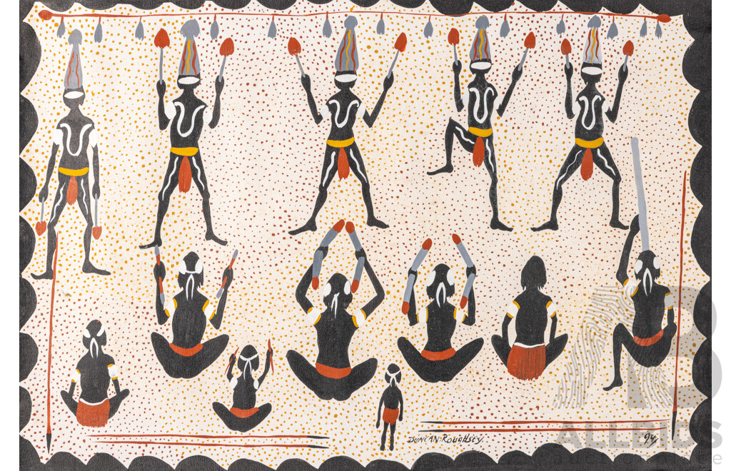 Duncan Roughsey, (20th Century, Indigenous-Australian, Working c1990s), Hunters with Catch, Corroboree & Corroboree with Creatures, Trio of Original Acrylic on Canvases, 58 x 67 cm (largest) (3)