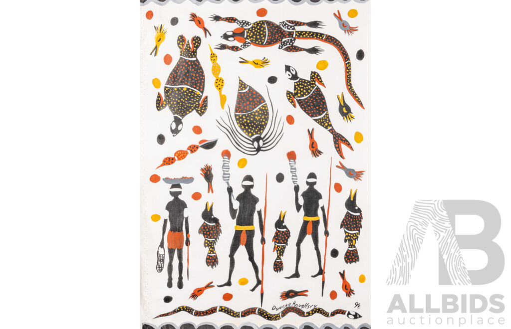 Duncan Roughsey, (20th Century, Indigenous-Australian, Working c1990s), Hunters with Catch, Corroboree & Corroboree with Creatures, Trio of Original Acrylic on Canvases, 58 x 67 cm (largest) (3)
