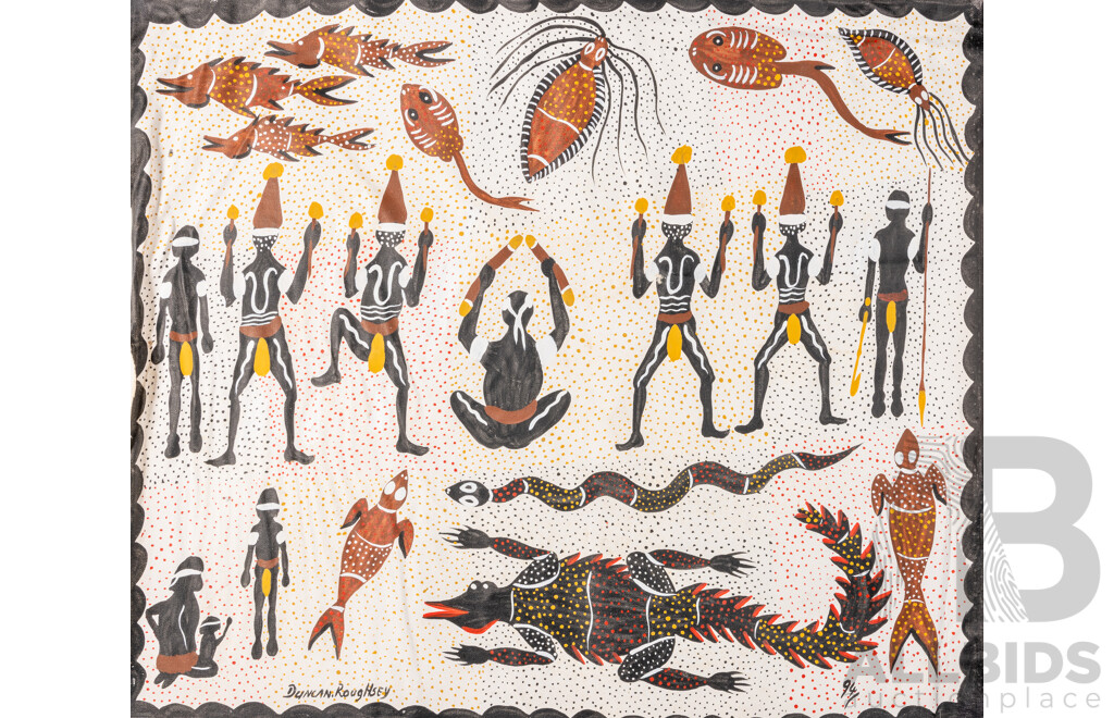 Duncan Roughsey, (20th Century, Indigenous-Australian, Working c1990s), Hunters with Catch, Corroboree & Corroboree with Creatures, Trio of Original Acrylic on Canvases, 58 x 67 cm (largest) (3)