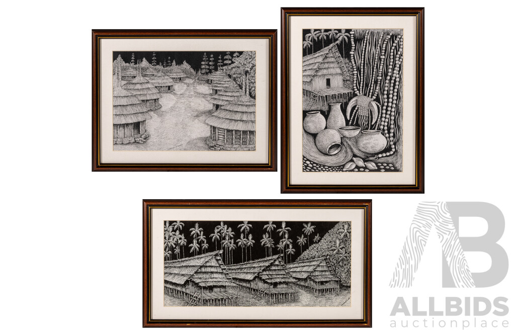 Charles N, (20th Century, Papua New Guinean), Straw Huts, Raised Huts & Tribal Implements, Pair of Prints of Original Ink Sketches, 29 x 51 cm (largest frame) (3)