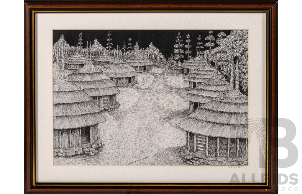 Charles N, (20th Century, Papua New Guinean), Straw Huts, Raised Huts & Tribal Implements, Pair of Prints of Original Ink Sketches, 29 x 51 cm (largest frame) (3)