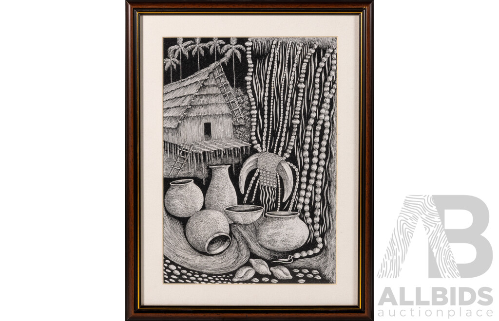 Charles N, (20th Century, Papua New Guinean), Straw Huts, Raised Huts & Tribal Implements, Pair of Prints of Original Ink Sketches, 29 x 51 cm (largest frame) (3)