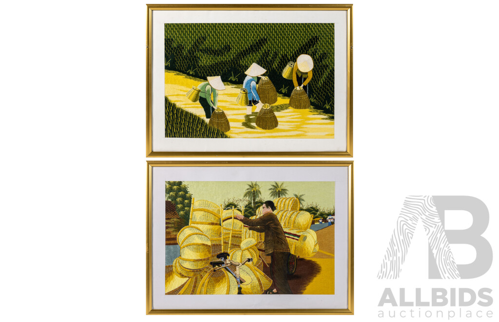 Artists Unknown (20th Century, Asian School), Rice Harvest & Affixing Straw Baskets, Lovely Pair of Vintage Framed Silk Embroidery, 43 x 58 cm (frames) (2)