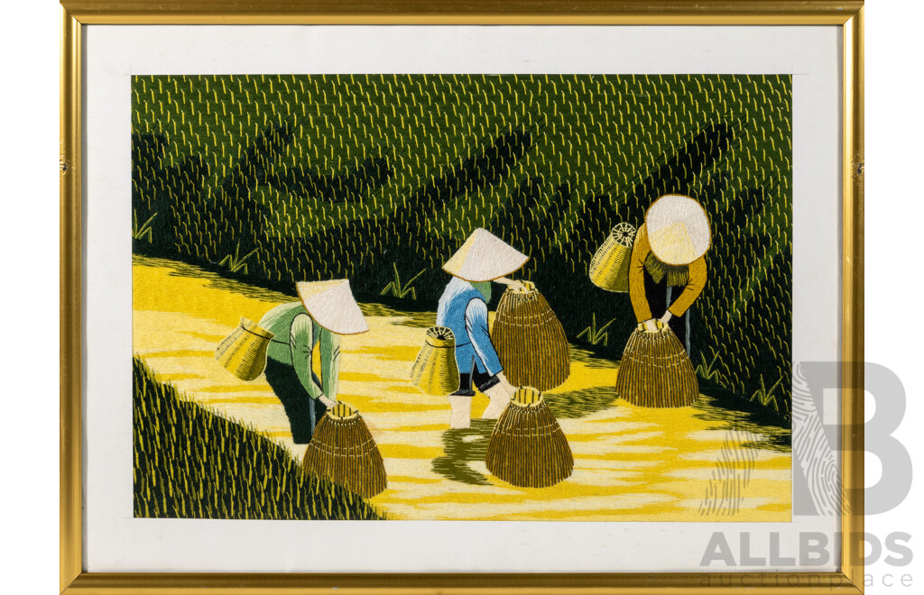 Artists Unknown (20th Century, Asian School), Rice Harvest & Affixing Straw Baskets, Lovely Pair of Vintage Framed Silk Embroidery, 43 x 58 cm (frames) (2)