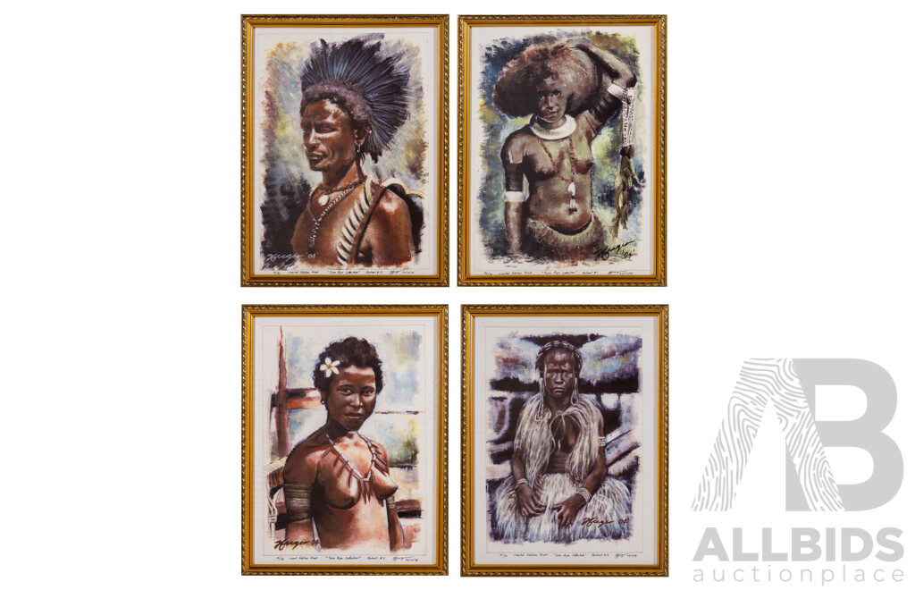 Artist Unknown (20th Century, Papua New Guinean), Portrait #1, #3, #4 and # 5 (2004), Selection of Limited Edition Reproduction Prints of the Originals, 43 x 33 cm (frames) (4)