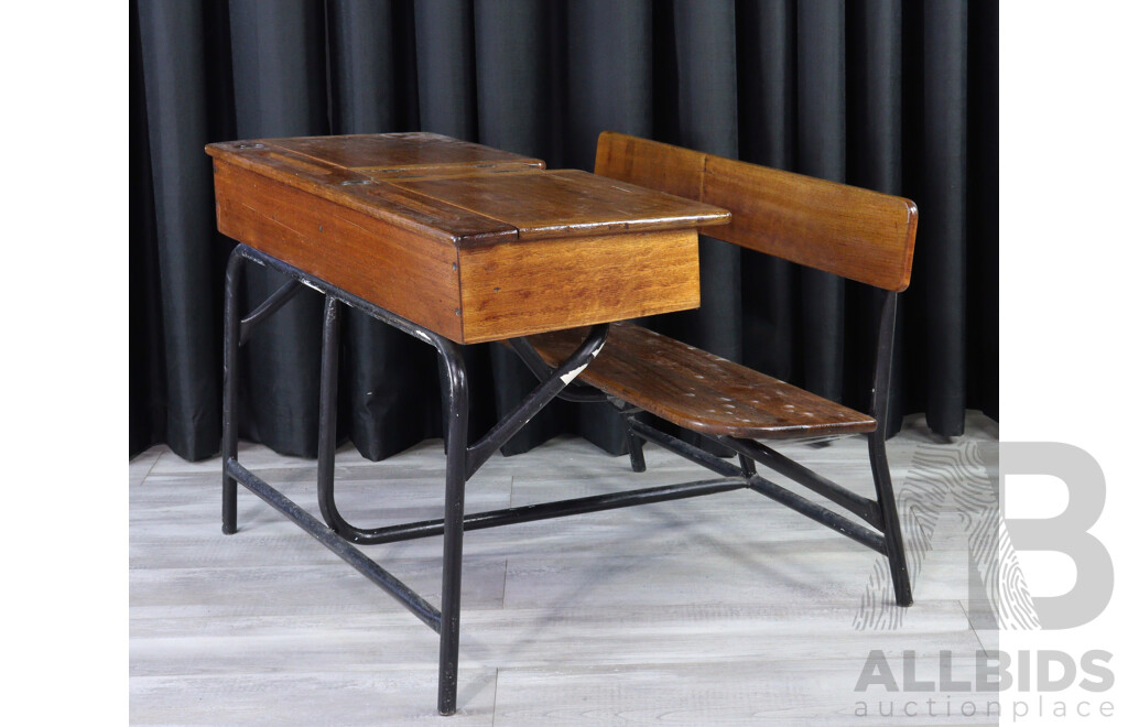 Vintage Oak Students Desk on Metal Base