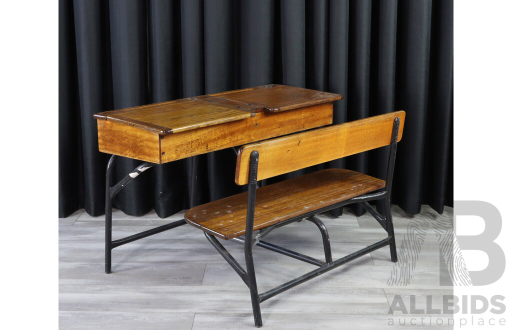 Vintage Oak Students Desk on Metal Base