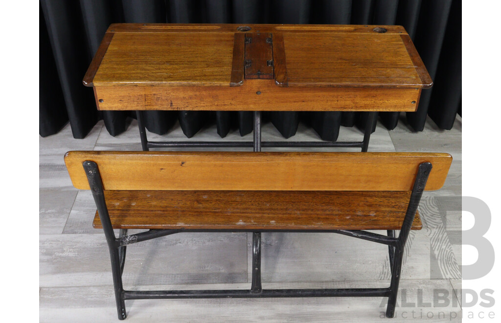 Vintage Oak Students Desk on Metal Base