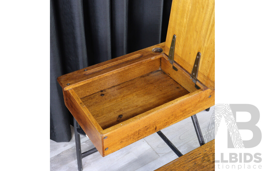 Vintage Oak Students Desk on Metal Base