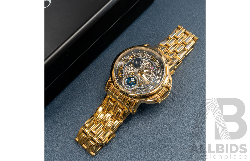 Theorema GM-101 Gold Tone Skeleton Watch, Made in Germany, 47mm
