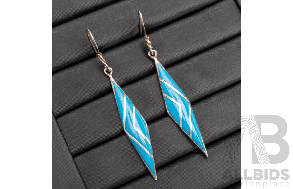 Pair of 925 Sterling Silver Earrings with Blue Enamel Inlay