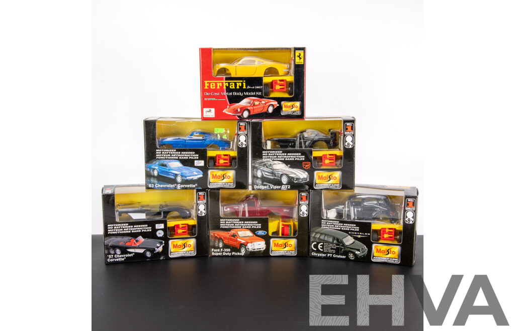 Six Maisto Assembly Line Diecast Model Kits Including Dodge, Ford, Chrysler, Corvette, Ferrari