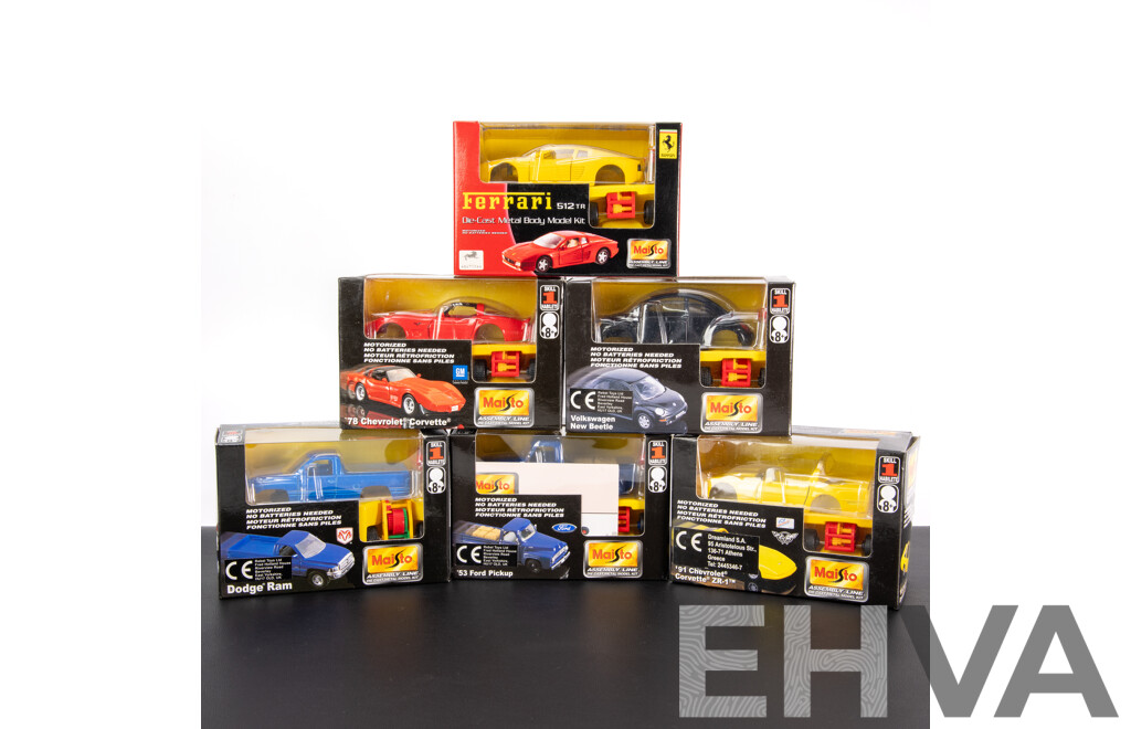 Six Maisto Assembly Line Diecast Model Kits Including Dodge, Ford, Volkswagen, Corvette, Ferrari