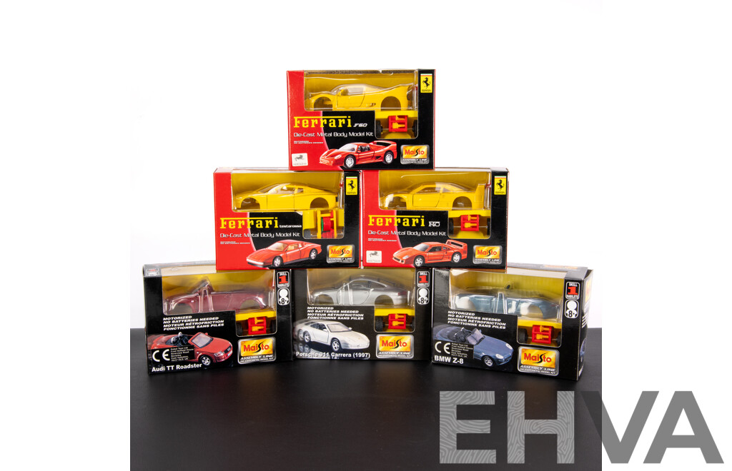Six Maisto Assembly Line Diecast Model Kits Including Porsche, BMW, Audi, Ferrari F50, F40, Testarossa