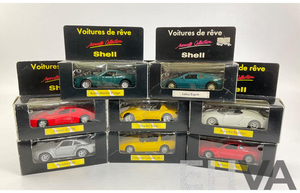 Eight Shell Diecast Sports Cars, Complete Set Including Corvette, Ferrari, Porsche, Chrysler, Aston Martin, Lotus