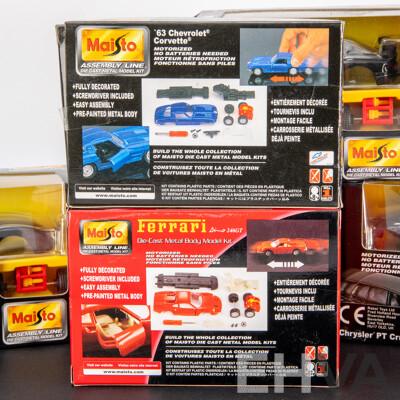 Six Maisto Assembly Line Diecast Model Kits Including Dodge, Ford, Chrysler, Corvette, Ferrari