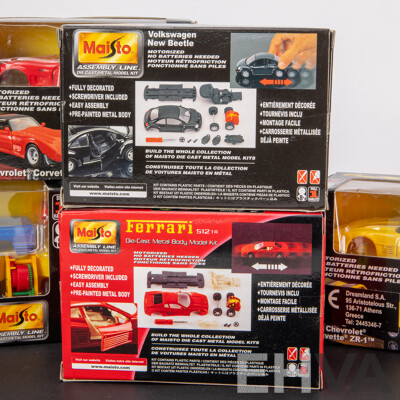 Six Maisto Assembly Line Diecast Model Kits Including Dodge, Ford, Volkswagen, Corvette, Ferrari