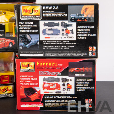 Six Maisto Assembly Line Diecast Model Kits Including Porsche, BMW, Audi, Ferrari F50, F40, Testarossa