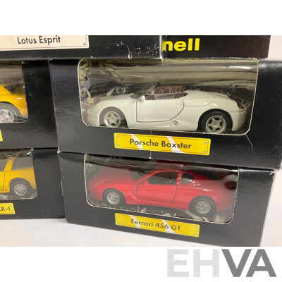 Eight Shell Diecast Sports Cars, Complete Set Including Corvette, Ferrari, Porsche, Chrysler, Aston Martin, Lotus