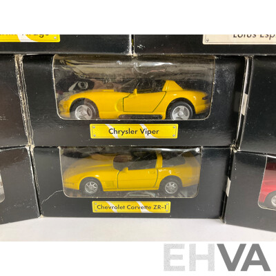 Eight Shell Diecast Sports Cars, Complete Set Including Corvette, Ferrari, Porsche, Chrysler, Aston Martin, Lotus