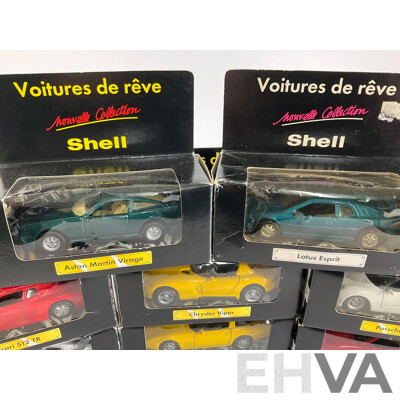 Eight Shell Diecast Sports Cars, Complete Set Including Corvette, Ferrari, Porsche, Chrysler, Aston Martin, Lotus