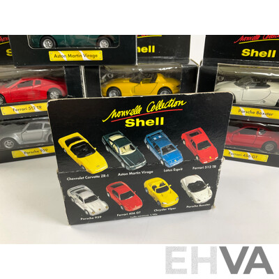 Eight Shell Diecast Sports Cars, Complete Set Including Corvette, Ferrari, Porsche, Chrysler, Aston Martin, Lotus
