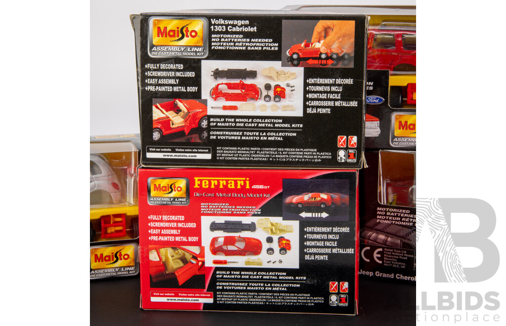 Six Maisto Assembly Line Diecast Model Kits Including Jeep, Ferrari, Ford, Volkswagen, Honda, Chrysler