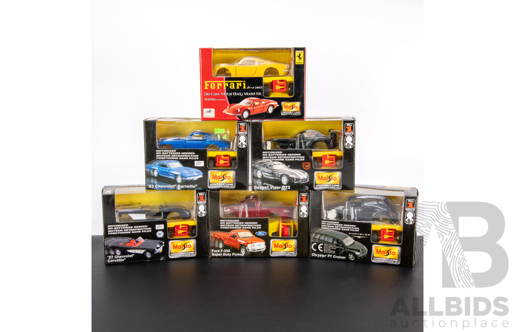 Six Maisto Assembly Line Diecast Model Kits Including Dodge, Ford, Chrysler, Corvette, Ferrari