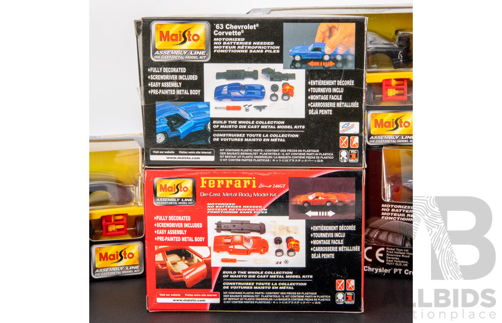 Six Maisto Assembly Line Diecast Model Kits Including Dodge, Ford, Chrysler, Corvette, Ferrari
