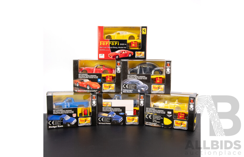 Six Maisto Assembly Line Diecast Model Kits Including Dodge, Ford, Volkswagen, Corvette, Ferrari
