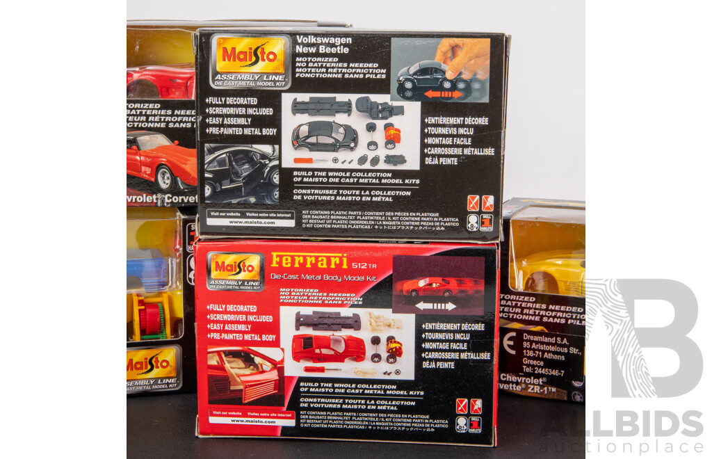 Six Maisto Assembly Line Diecast Model Kits Including Dodge, Ford, Volkswagen, Corvette, Ferrari