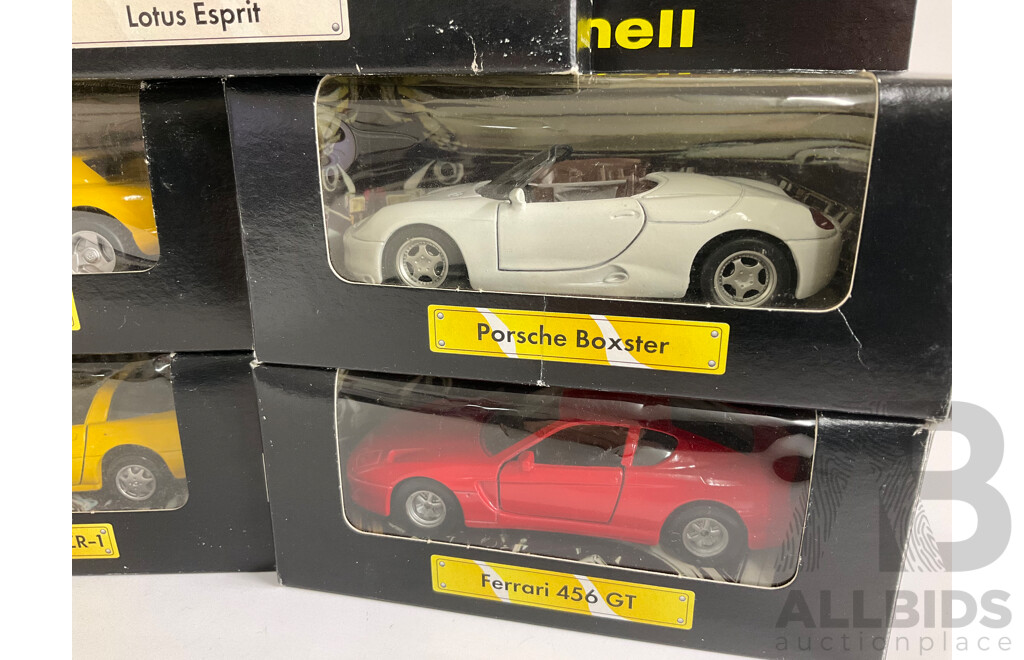 Eight Shell Diecast Sports Cars, Complete Set Including Corvette, Ferrari, Porsche, Chrysler, Aston Martin, Lotus
