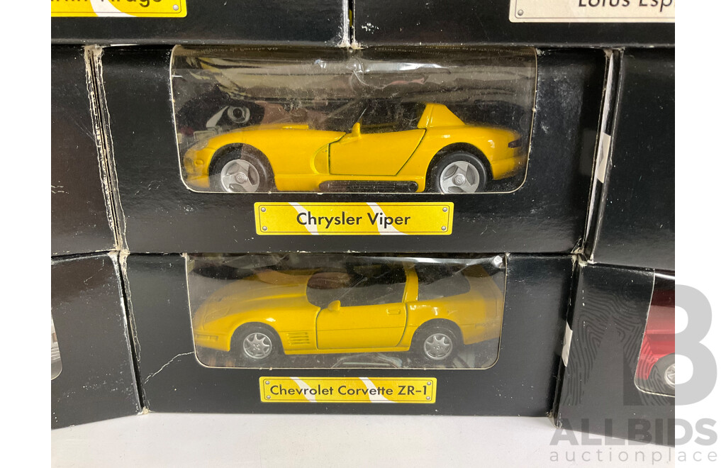 Eight Shell Diecast Sports Cars, Complete Set Including Corvette, Ferrari, Porsche, Chrysler, Aston Martin, Lotus