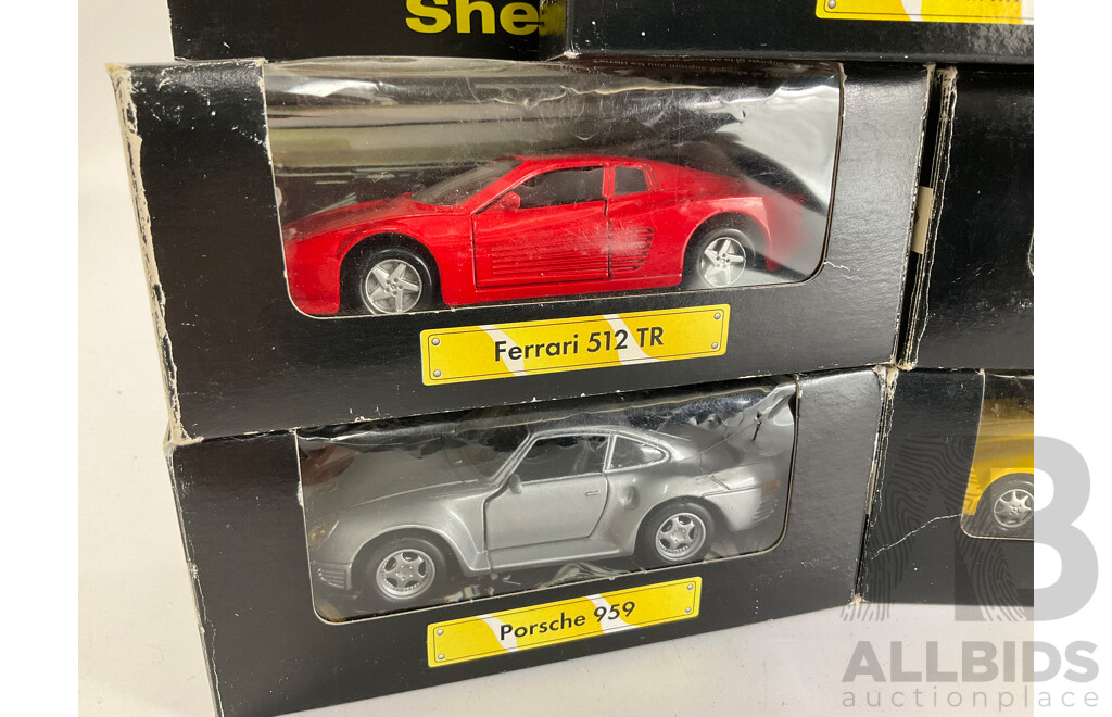 Eight Shell Diecast Sports Cars, Complete Set Including Corvette, Ferrari, Porsche, Chrysler, Aston Martin, Lotus