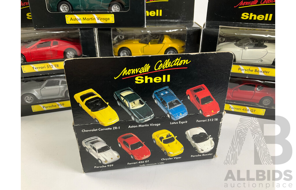 Eight Shell Diecast Sports Cars, Complete Set Including Corvette, Ferrari, Porsche, Chrysler, Aston Martin, Lotus