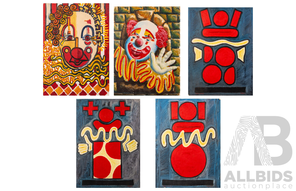 Francois (20th Century, Working c1990s), Clown's Illusion, Shining Thru & Clown Totem I, II & III, Original Oils on Heavy Card, Wonderful Selection of Clown Related Original Works, 77 X 57 Cm (largest) (5)