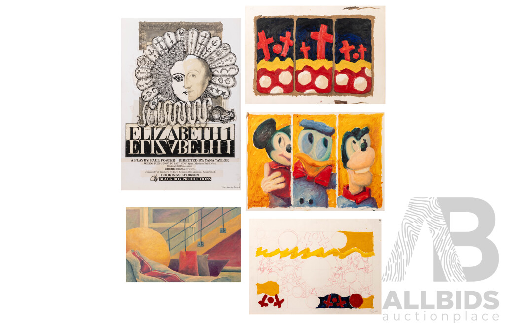 Francois (20th Century, C1990s-2005), Incomplete Mark Up of Elizabeth I Theatre Production Poster, Mickey & Friends & More, Five Uniquely Original Works, Oils on Card, 47 x 65 cm (largest) (5)