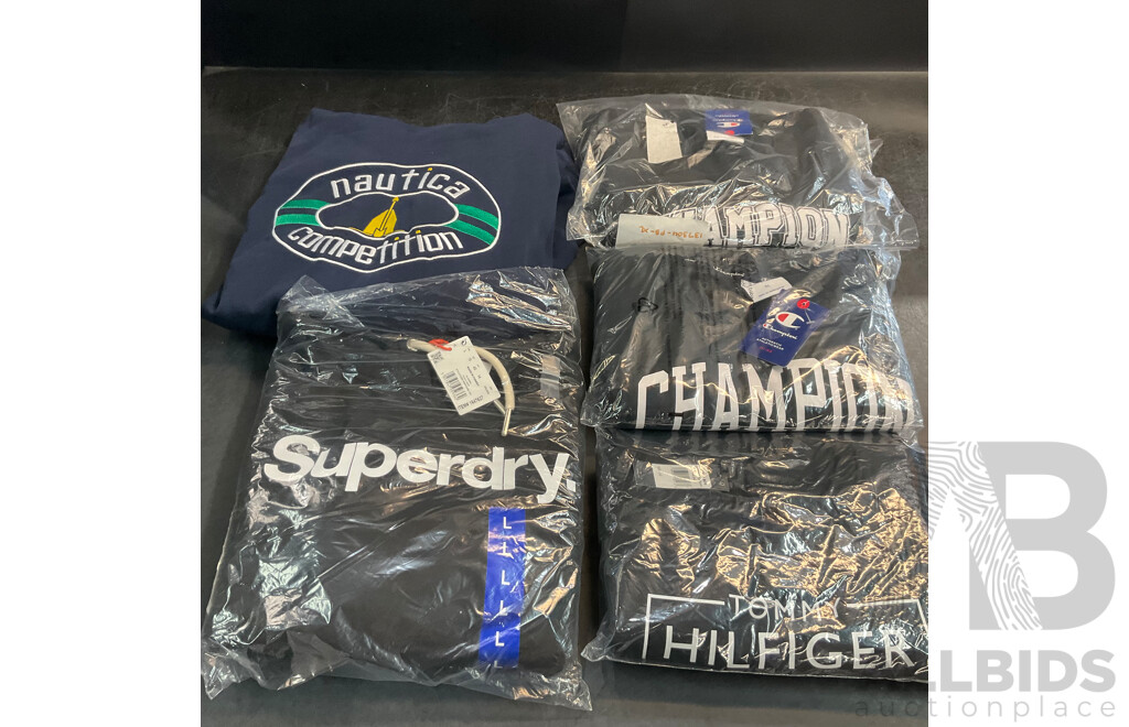 TOMMY HILFIGER, NAUTICA, CHAMPION, SUPERDRY Jumpers & Hoodies - Lot of 5