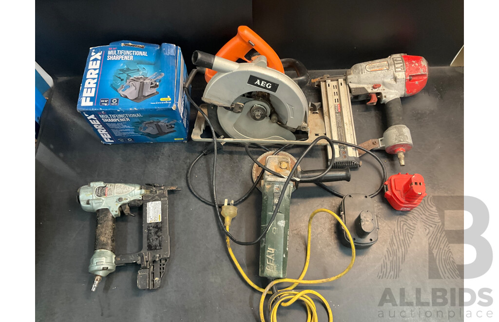 AEG Circular Saw, Metabo Angle Grinder, Hitachi Nail Gun, Batteries and Ferrex Multifunctional Sharpener