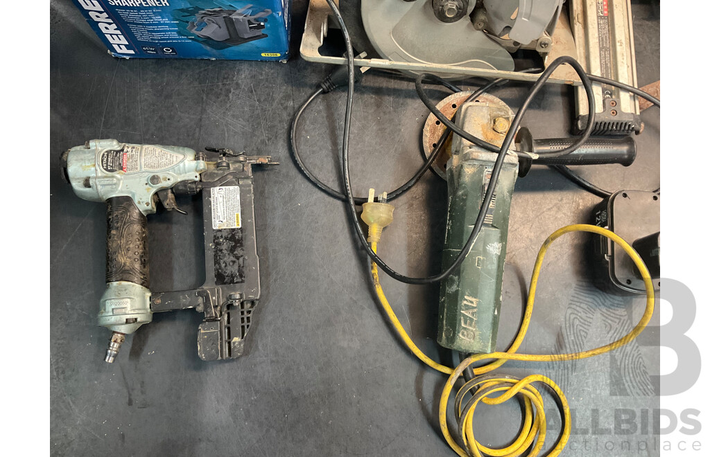 AEG Circular Saw, Metabo Angle Grinder, Hitachi Nail Gun, Batteries and Ferrex Multifunctional Sharpener