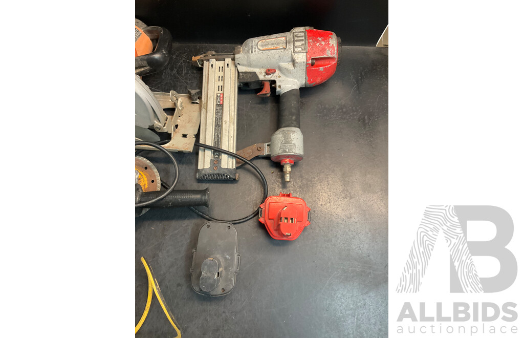 AEG Circular Saw, Metabo Angle Grinder, Hitachi Nail Gun, Batteries and Ferrex Multifunctional Sharpener
