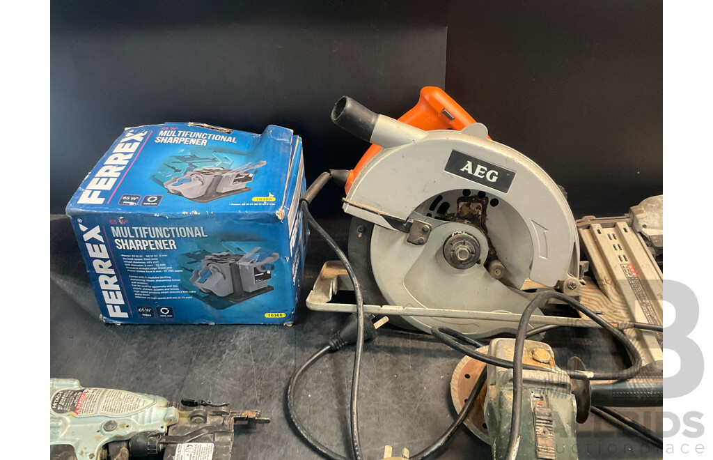 AEG Circular Saw, Metabo Angle Grinder, Hitachi Nail Gun, Batteries and Ferrex Multifunctional Sharpener