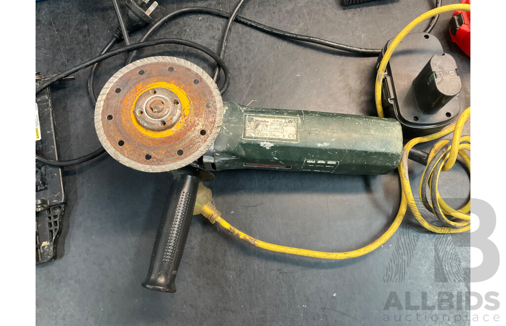 AEG Circular Saw, Metabo Angle Grinder, Hitachi Nail Gun, Batteries and Ferrex Multifunctional Sharpener
