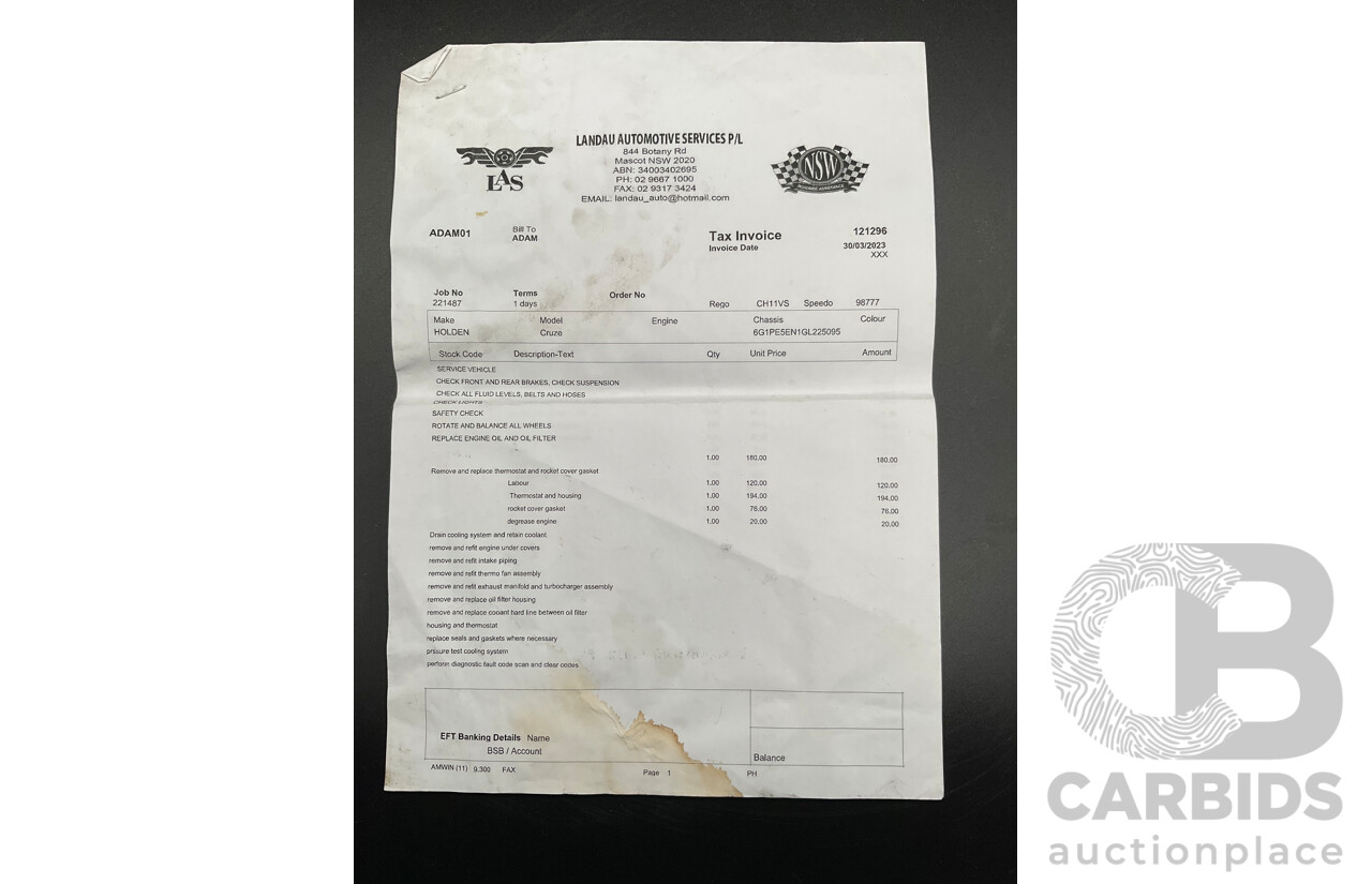 03/2016 Holden Cruze SRi Z-Series (FWD) JH MY16 4d Sedan Slipstream Blue Metallic Turbo 1.6L