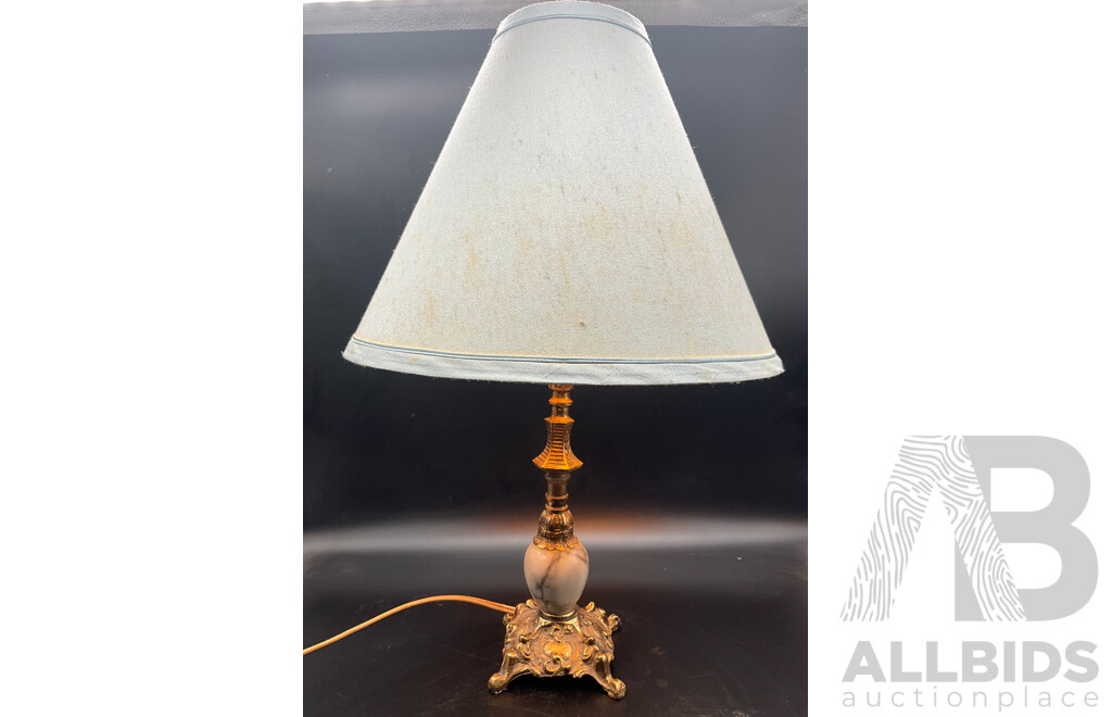 Onyx and Brass Table Lamp with Blue Shade - Set of 2